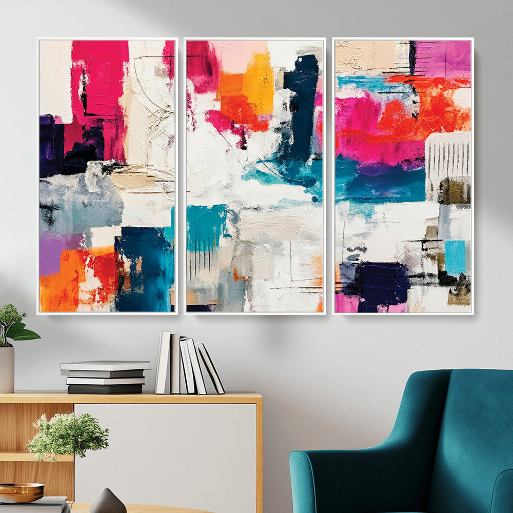 Blue Teal Abstract Canvas Wall Art, Modern Textured Painting Print, Navy Orange White Contemporary Art, Neutral Living Room Decor, Office Art