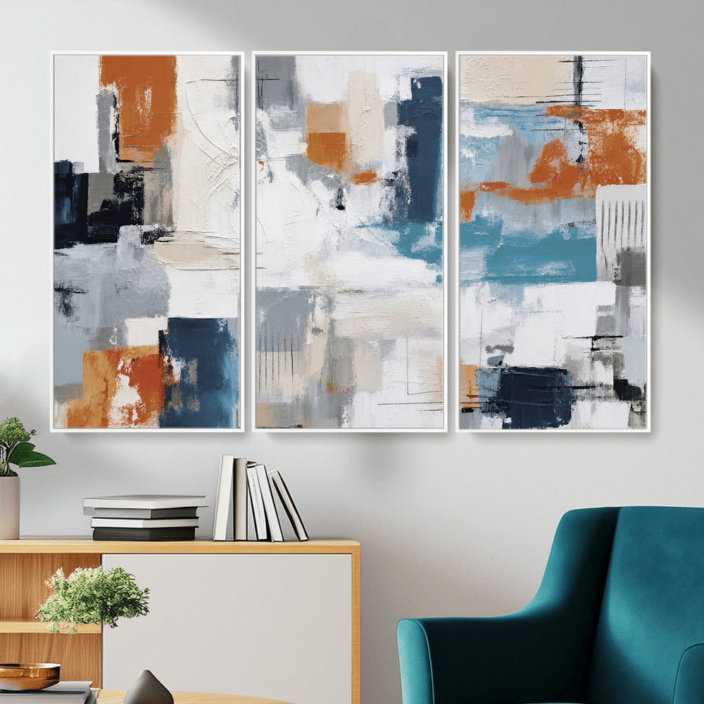 Blue Teal Abstract Canvas Wall Art, Modern Textured Painting Print, Navy Orange White Contemporary Art, Neutral Living Room Decor, Office Art