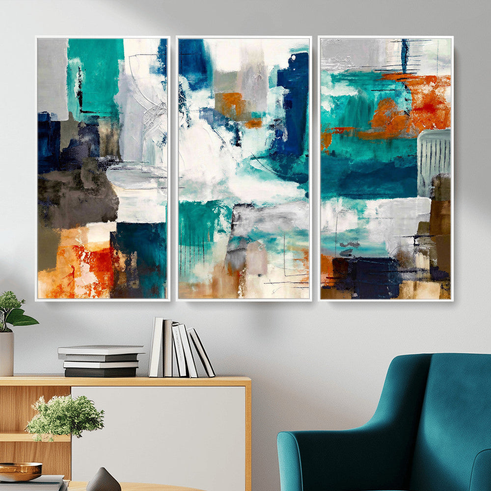 Blue Teal Abstract Canvas Wall Art, Modern Textured Painting Print, Navy Orange White Contemporary Art, Neutral Living Room Decor, Office Art