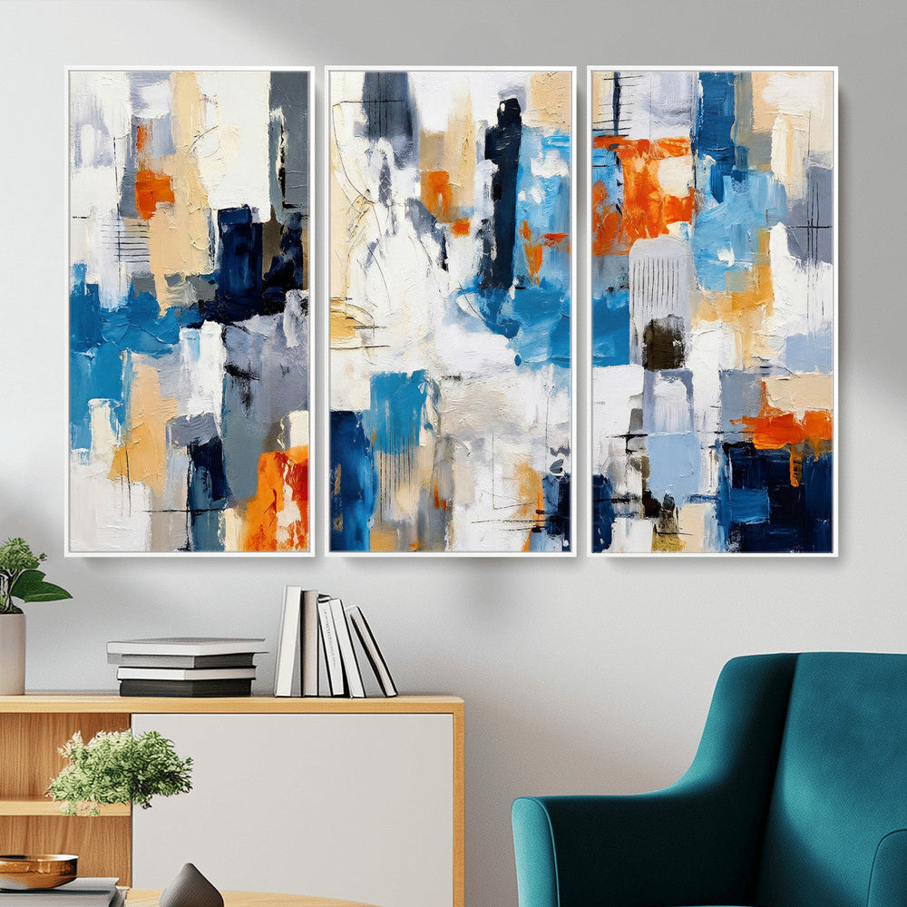 Blue Teal Abstract Canvas Wall Art, Modern Textured Painting Print, Navy Orange White Contemporary Art, Neutral Living Room Decor, Office Art