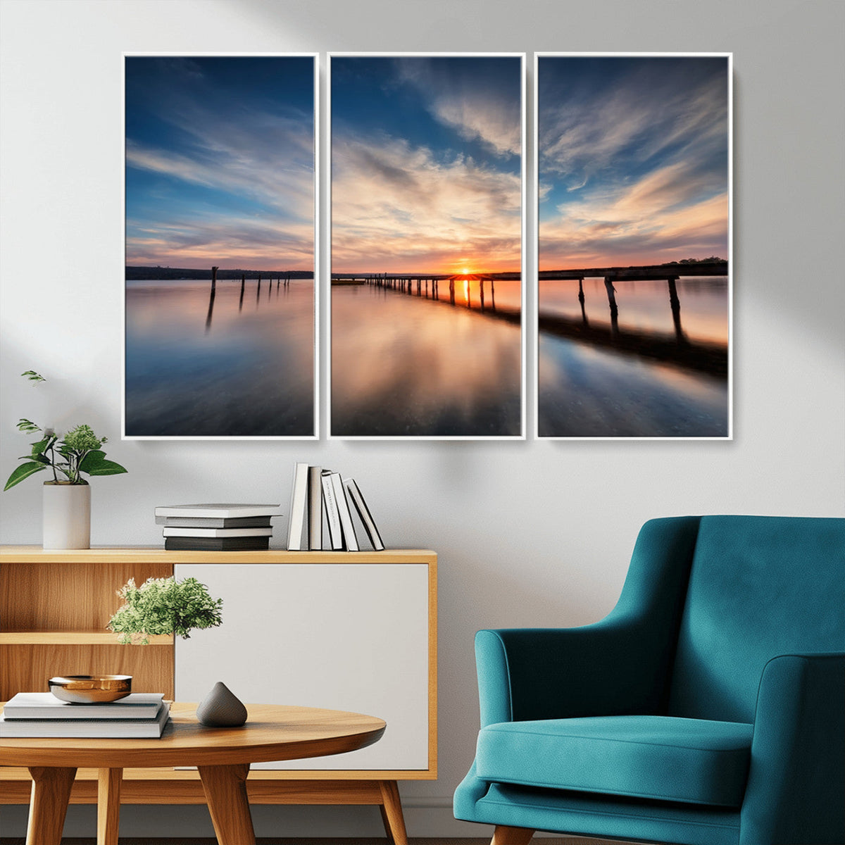Wooden Pier on Seascape and Sunset Wall Art Canvas Print