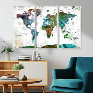 Modern Watercolor World Map Canvas Wall Art – Framed