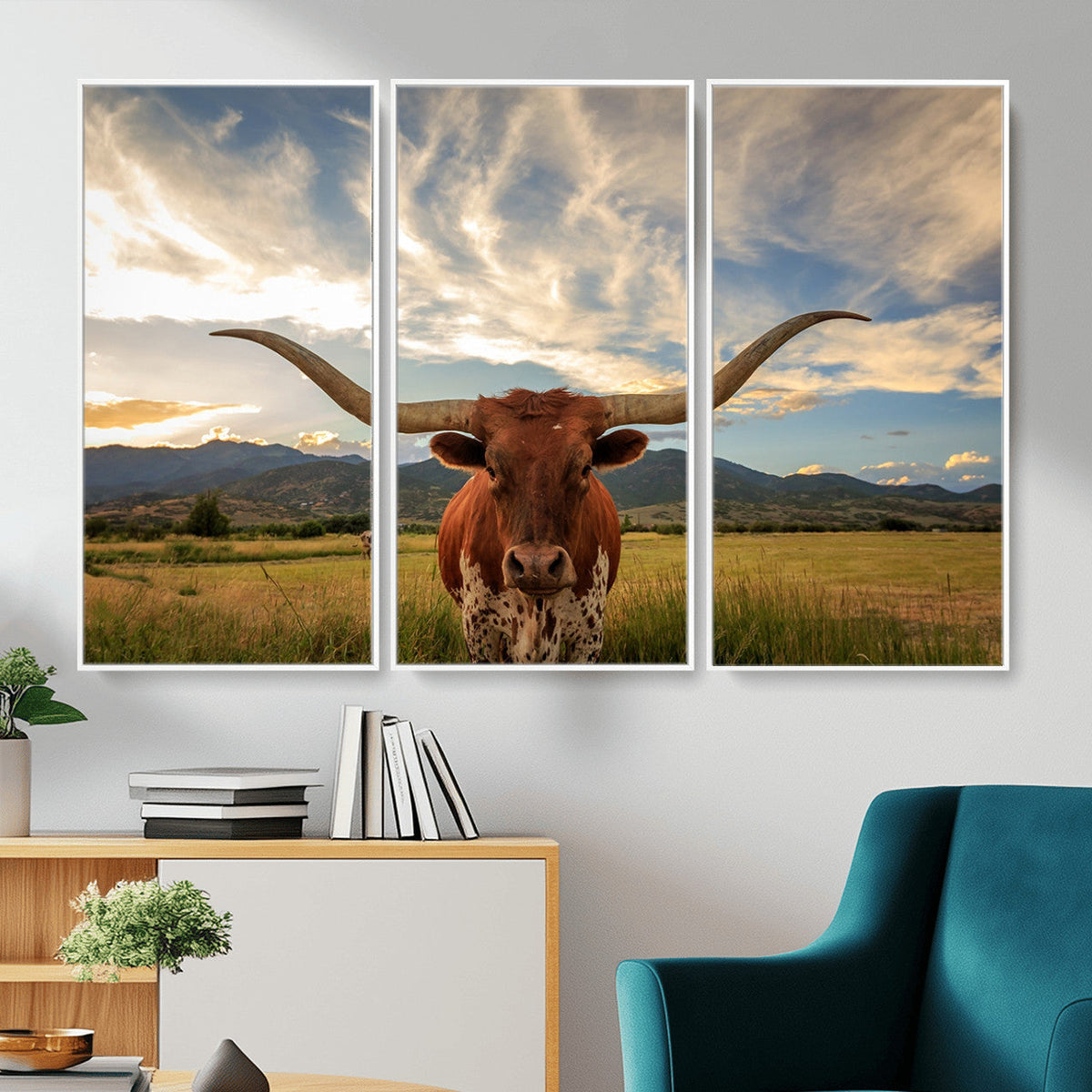 Texas Longhorn Canvas Wall Art – Majestic Triptych Animal