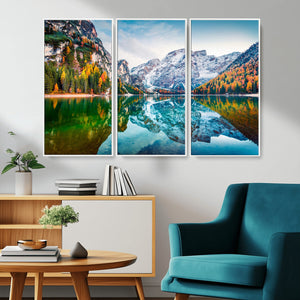 Spectacular autumn view of Braies Lake Wall Art Canvas Print
