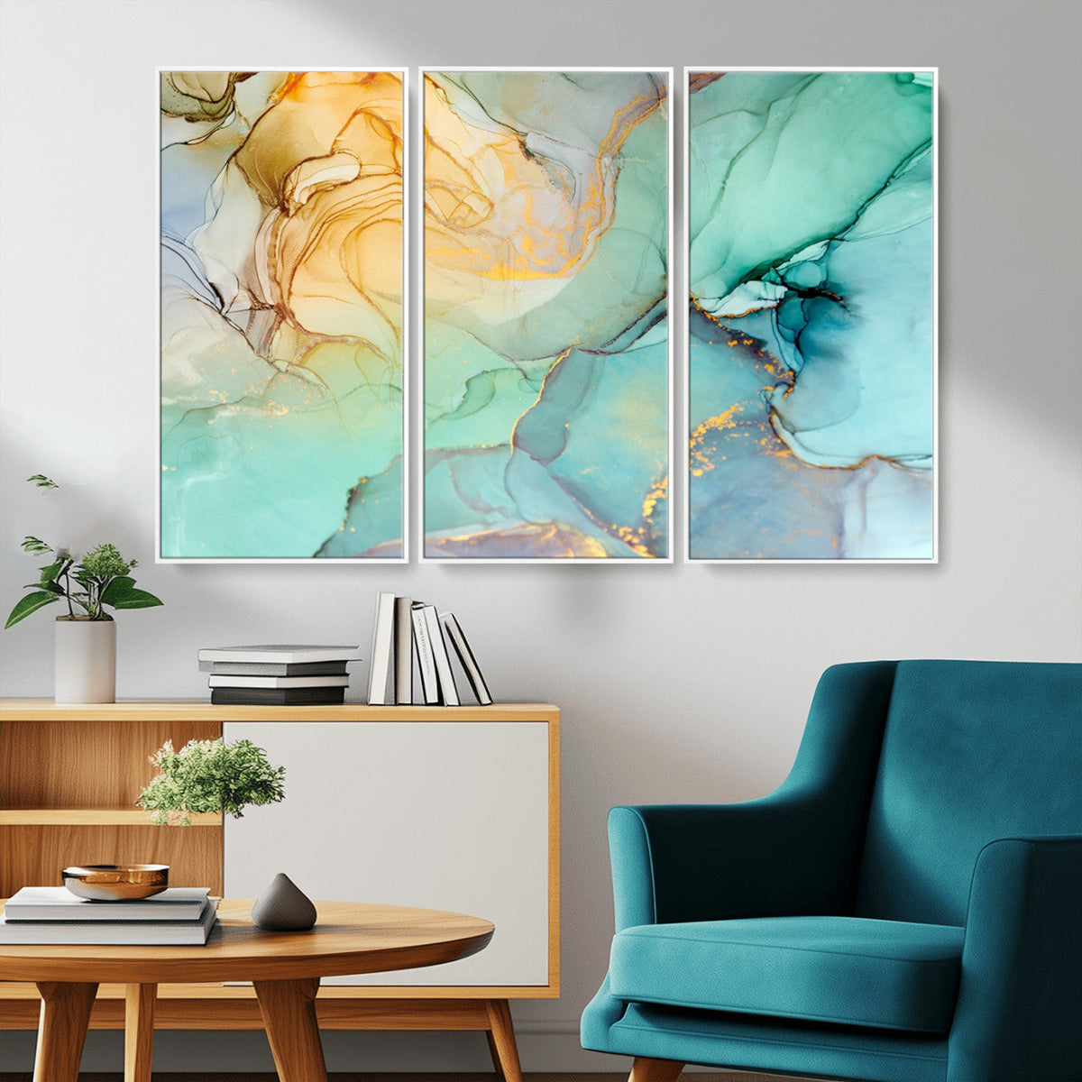 Abstract Aqua and Gold Fluid Wall Art Canvas | 3 Panel Large