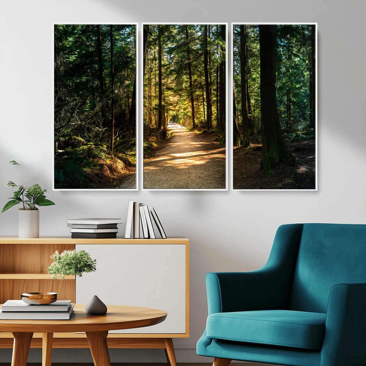 Sunlit Forest Pathway Canvas Print | 3 Panel Large Nature
