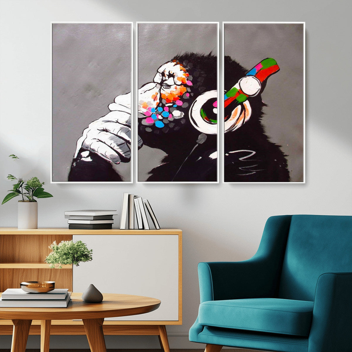 Dj Monkey Listening to Music Wall Art Print | Banksy Monkey