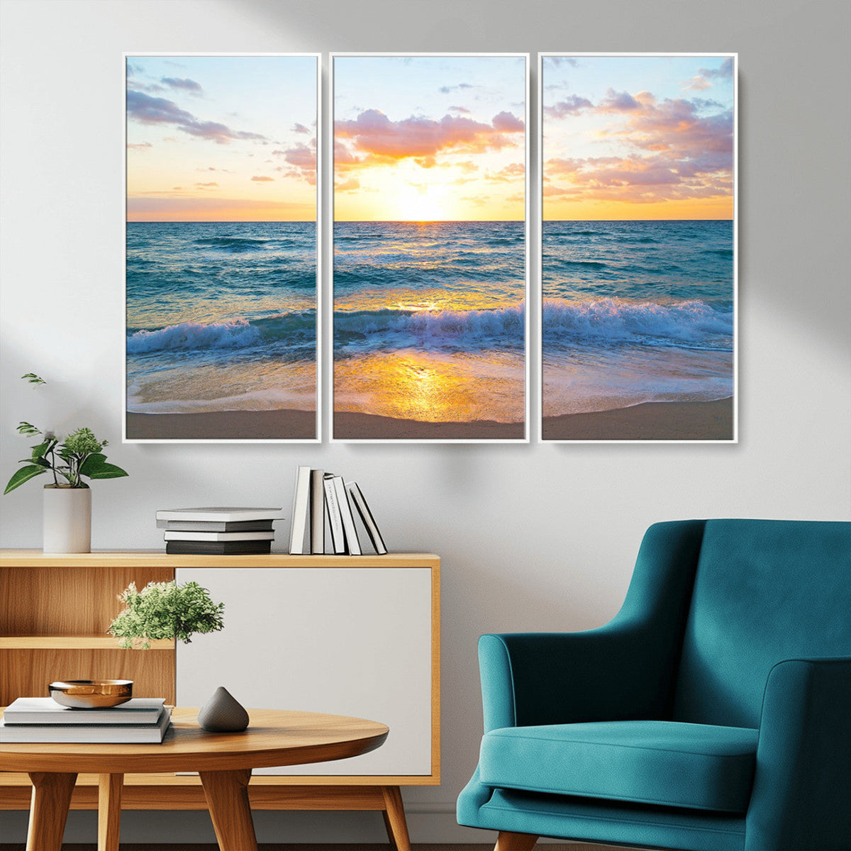 Golden Sunset Over Ocean Waves - Serene Coastal Triptych