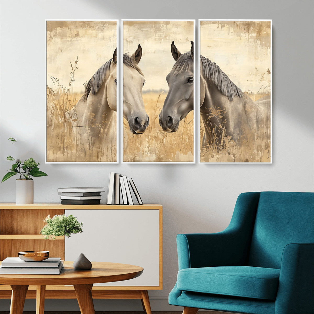 Chines Ink Style Grunge Horses Wall Art Canvas Print