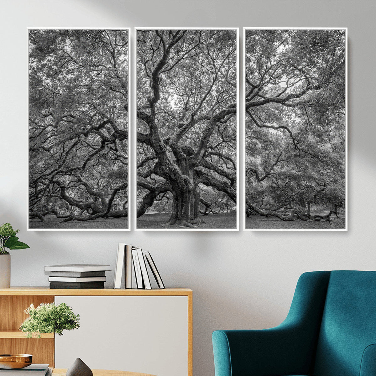Majestic Angel Oak Tree Black and White Canvas Print – Multi