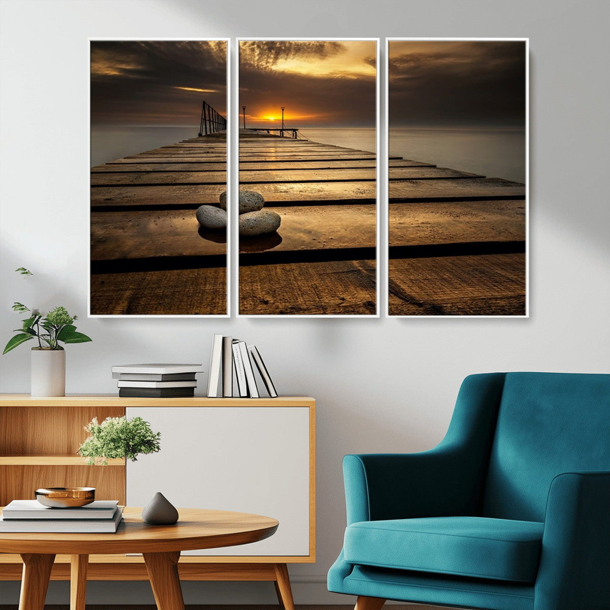 Stones on Wooden Pier at Sunset Canvas Print, Serene Coastal