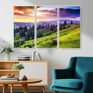 Green Hills and Sunset Wall Art Print - Scenic Landscape