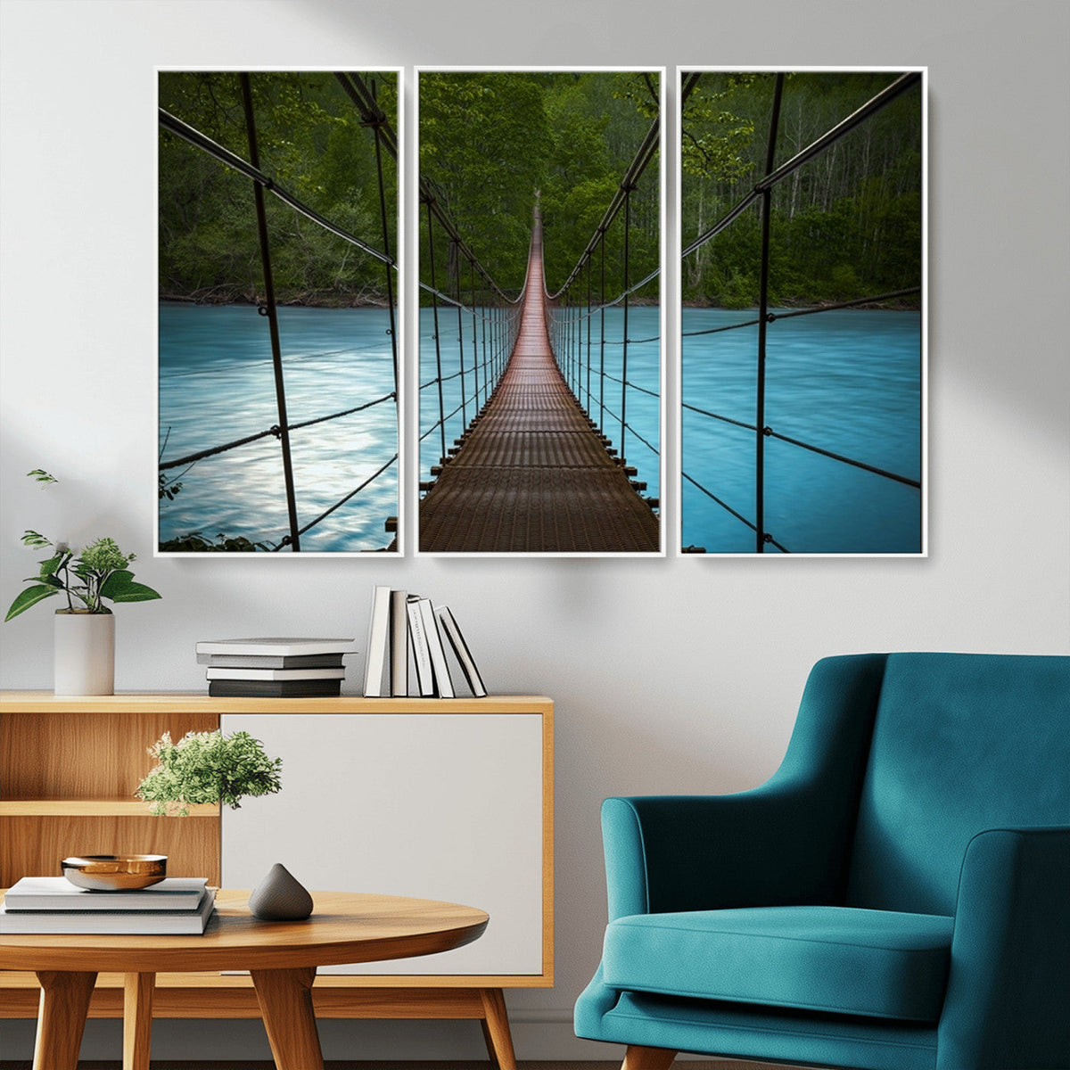 Suspension Bridge Over River Canvas Art | 3-Panel Nature