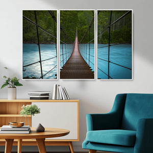 Suspension Bridge Over River Canvas Art | 3-Panel Nature