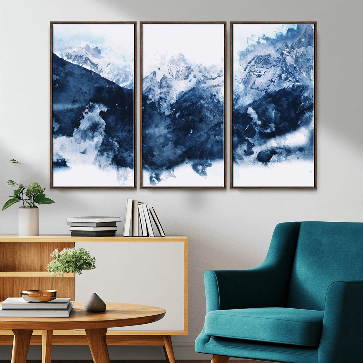 Abstract Blue Mountain Canvas Wall Art – Modern Triptych