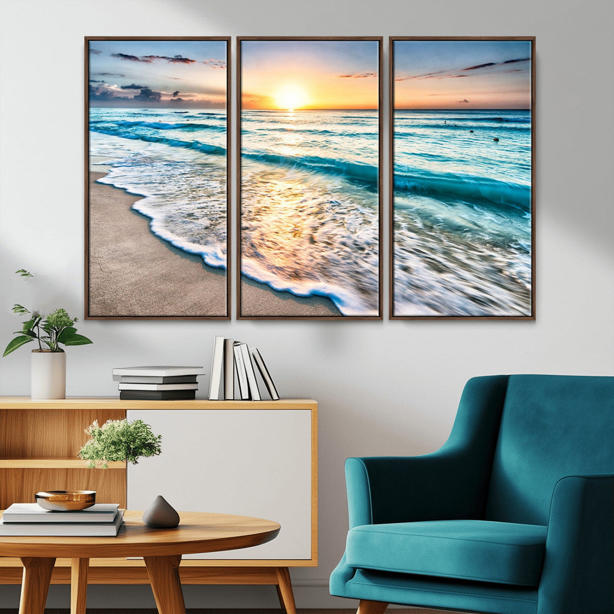 Sunset Beach Waves Canvas Wall Art – 5-Panel Ocean Sunset