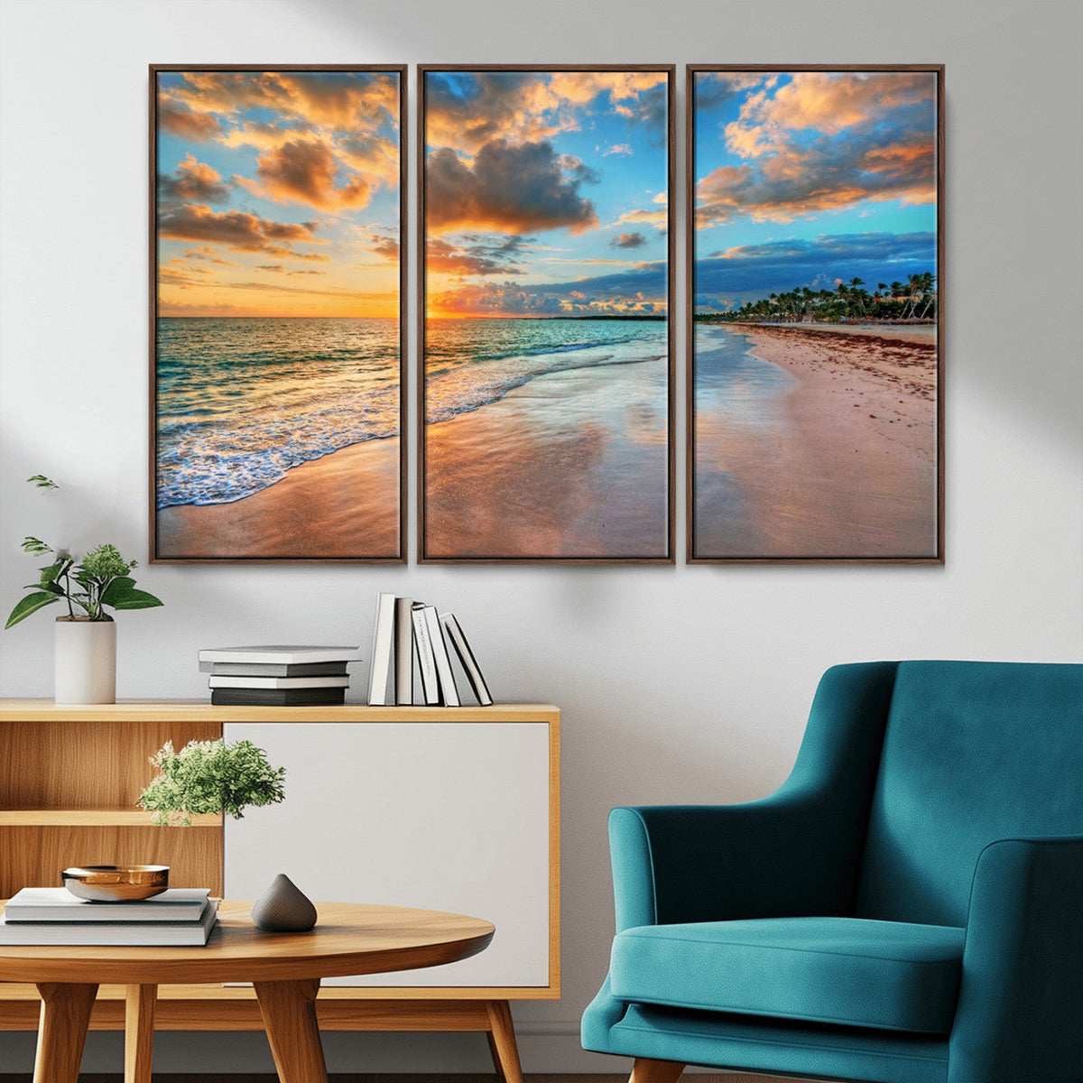 Sunset Ocean Waves on Tropical Beach, 3-Panel Giclee Canvas