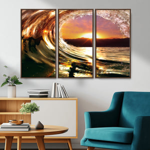 Golden Wave Sunset Triptych Canvas Art, Giclee Canvas Print