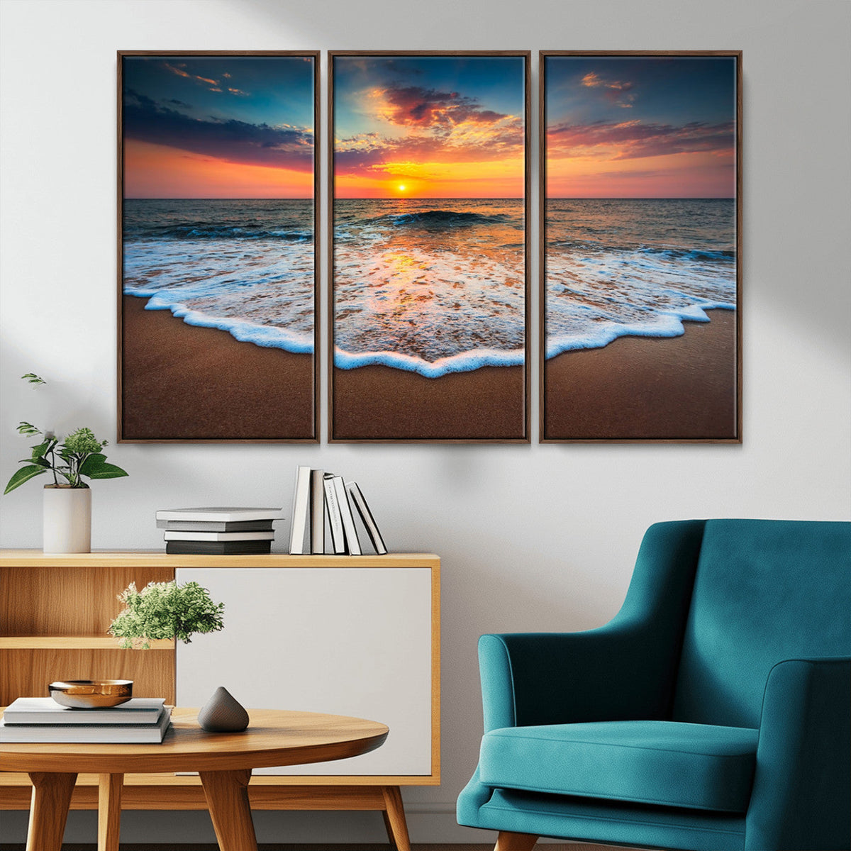 Sunset Beach Canvas Wall Art – Colorful Ocean Waves Triptych