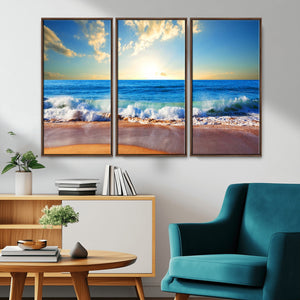 Tropical Beach Sunset Canvas Art, Ocean Waves and Sandy