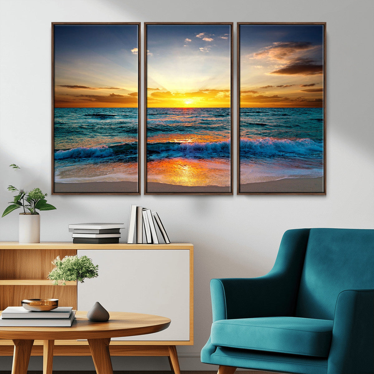 Vibrant Ocean Sunrise Over Golden Beach Waves, Giclee Canvas