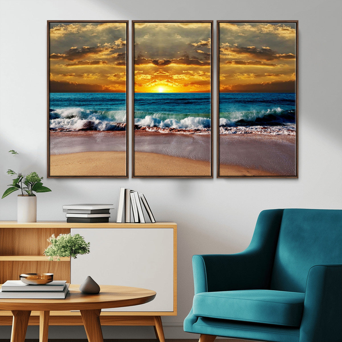 Ocean Sunrise Over Golden Beach Waves, Giclee Canvas Wall