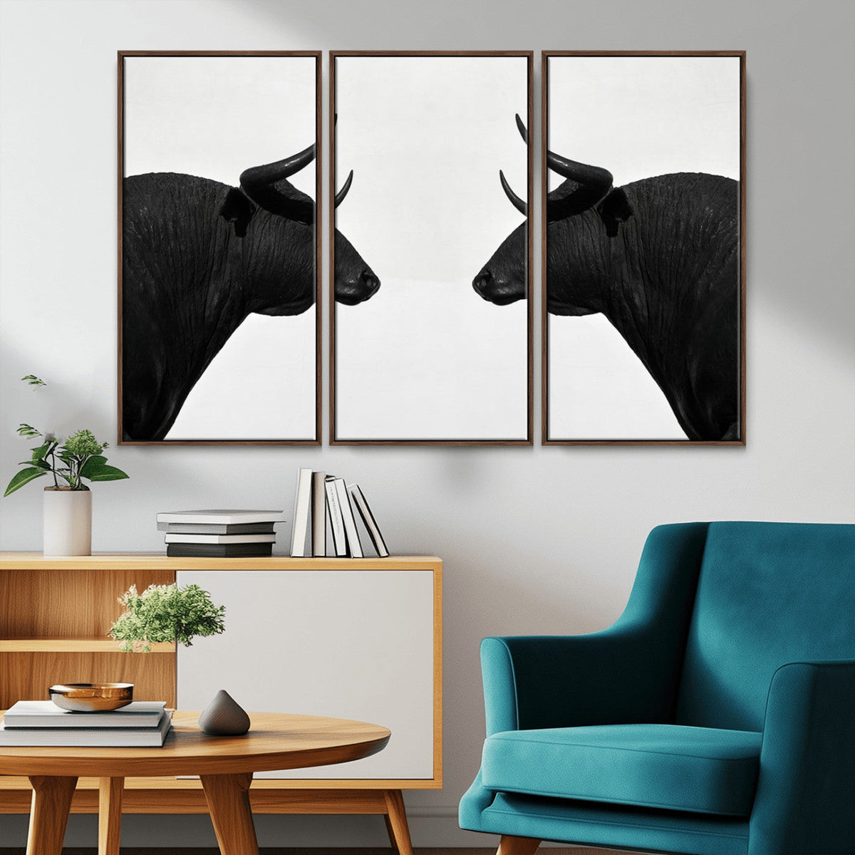 Spanish Bull Art - Framed Black and White Bull Canvas Print