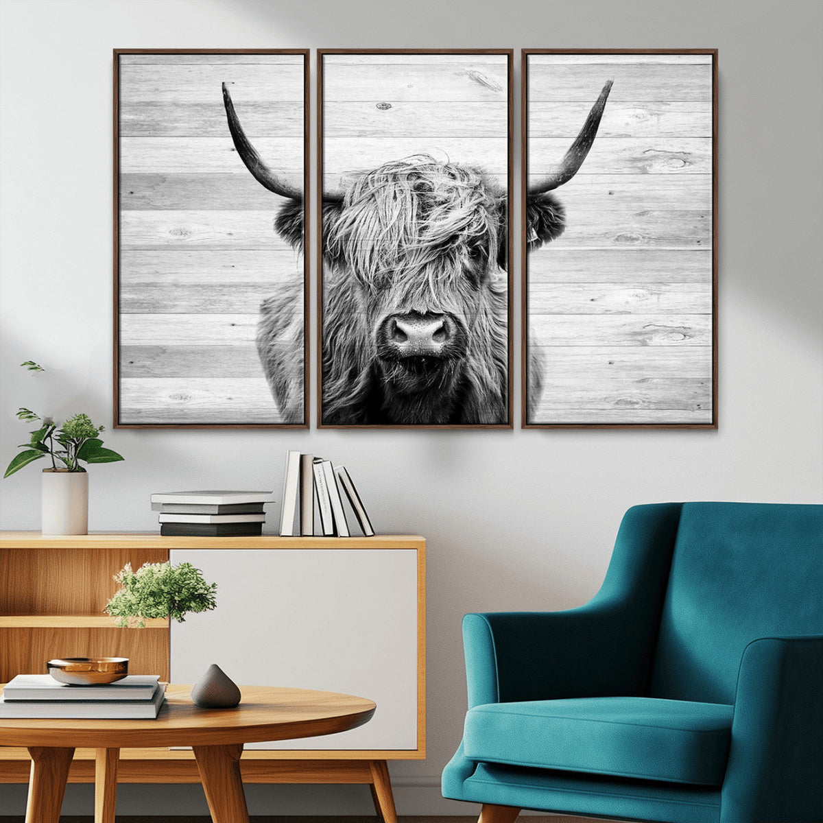Scottish Highland Cow Cattle Art Print on Wood Background