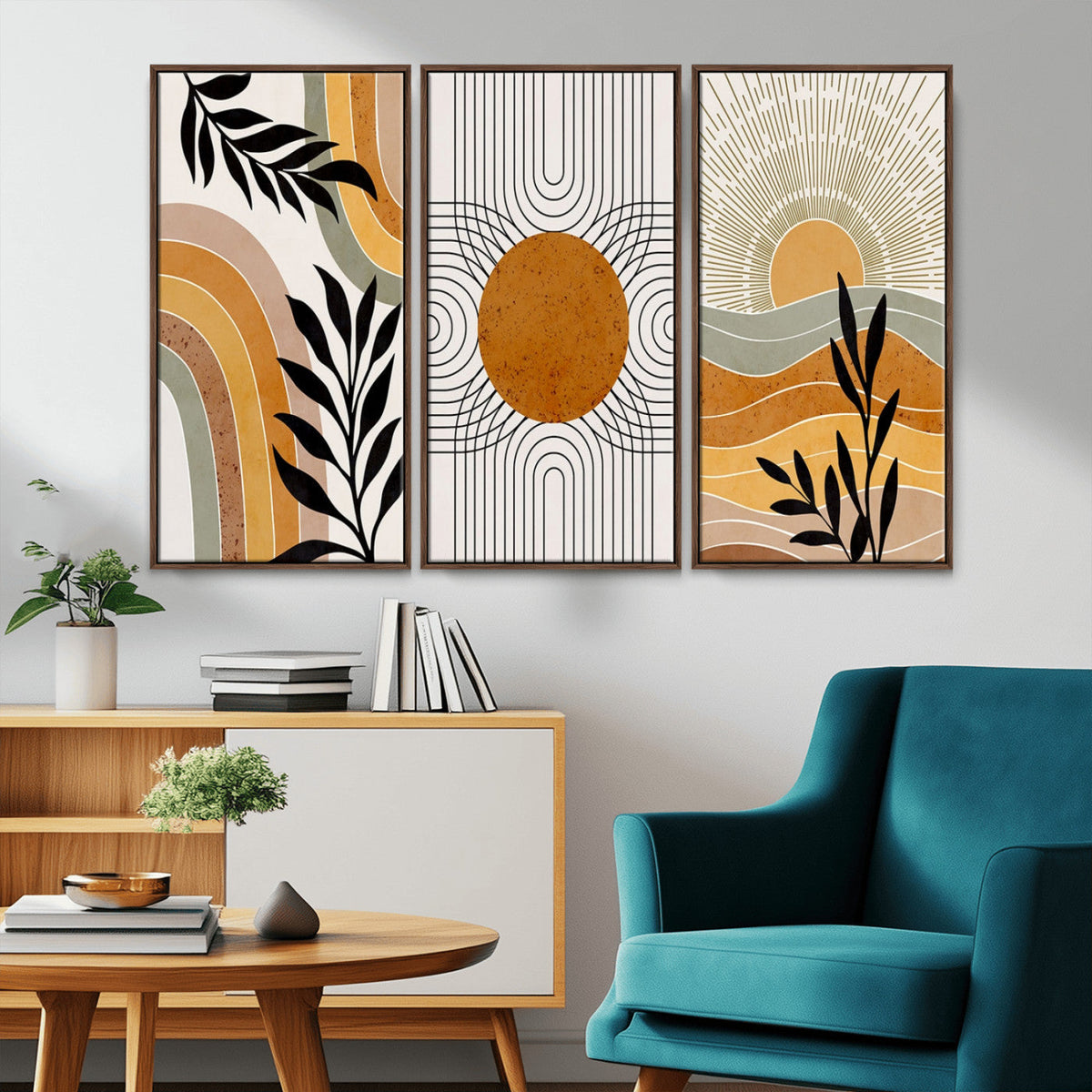 Modern Boho Sun and Leaf Abstract Art – 3-Panel Giclée