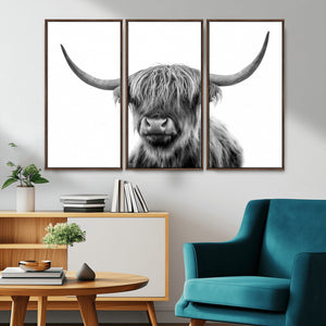 Grayscale Scottish Highland Cow Cattle Art Print Farmhouse