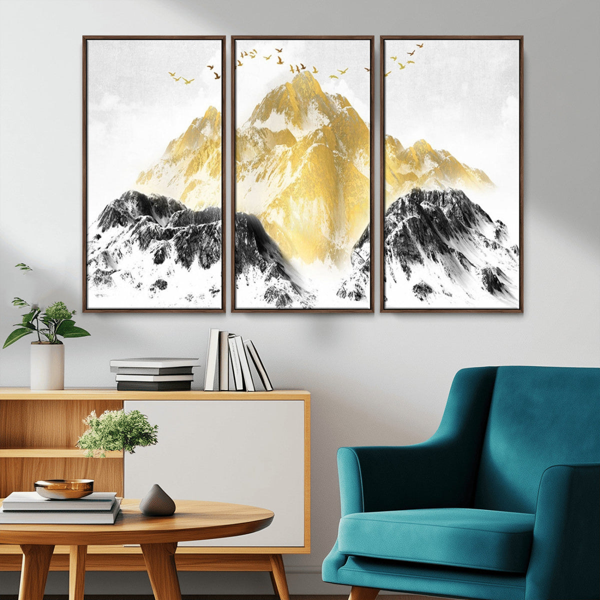 Golden Mountain Triptych Wall Art Canvas Print, Modern