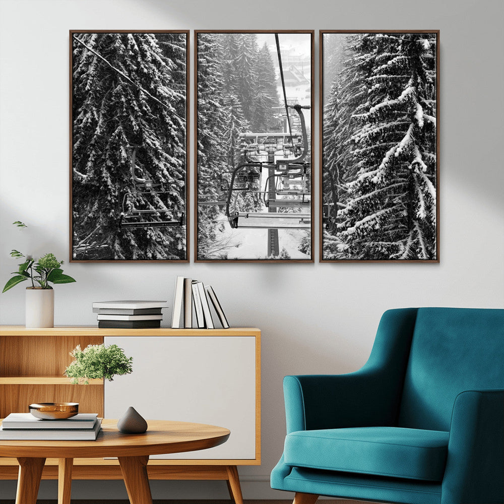 Winter Ski Lift Black and White Canvas Wall Art – Alpine