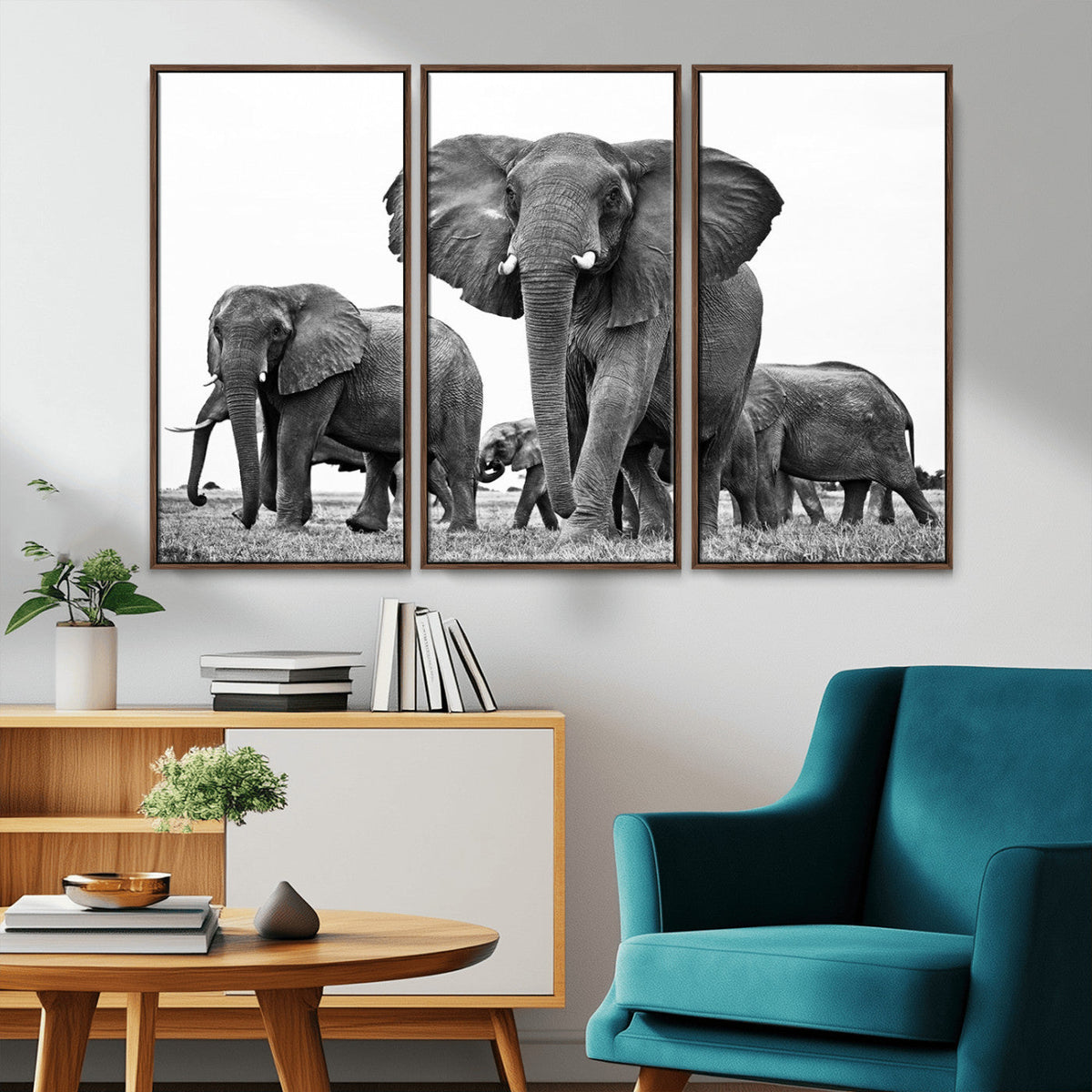 Black White Elephant Family Wall Art Canvas Print