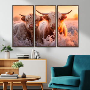 Highland Cows at Sunrise Wall Art Canvas Set – Serene and