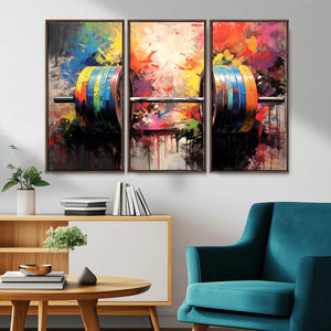 Weightlifting Barbell Art Triptych, Bold Abstract Fitness