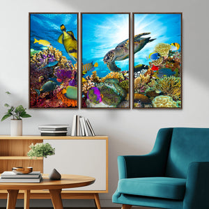 Colorful Coral Reef and Sea Life Turtle Canvas Print,