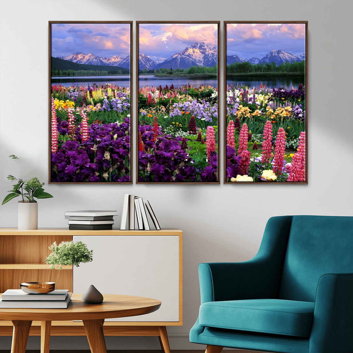 Vibrant Wildflower Garden and Mountain View Giclee Canvas