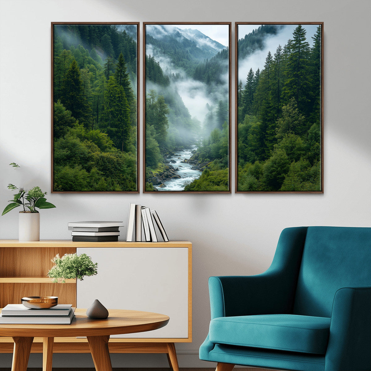 Mountain Forest River Canvas Wall Art Print - Serene Nature