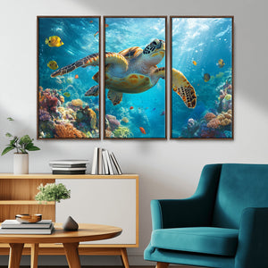 Sea Turtle Underwater Canvas Wall Art Print - Vibrant Ocean