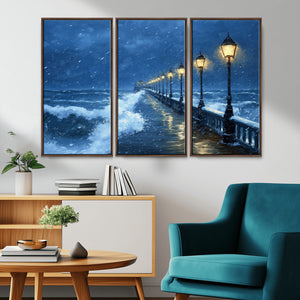 Stormy Ocean Pier Lights Canvas Wall Art Print - Large Moody