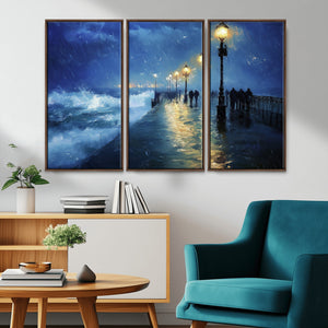 Storm Ocean Pier Canvas Wall Art Print - Large Moody Night