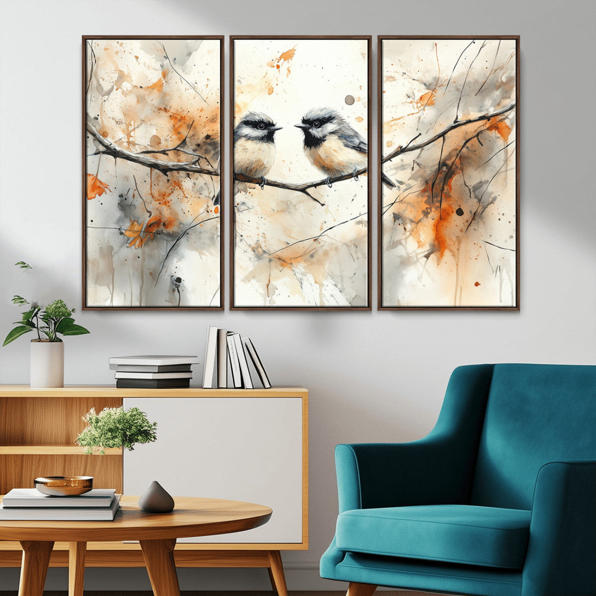 Abstract Watercolor Chickadee Bird Canvas Wall Art Print -