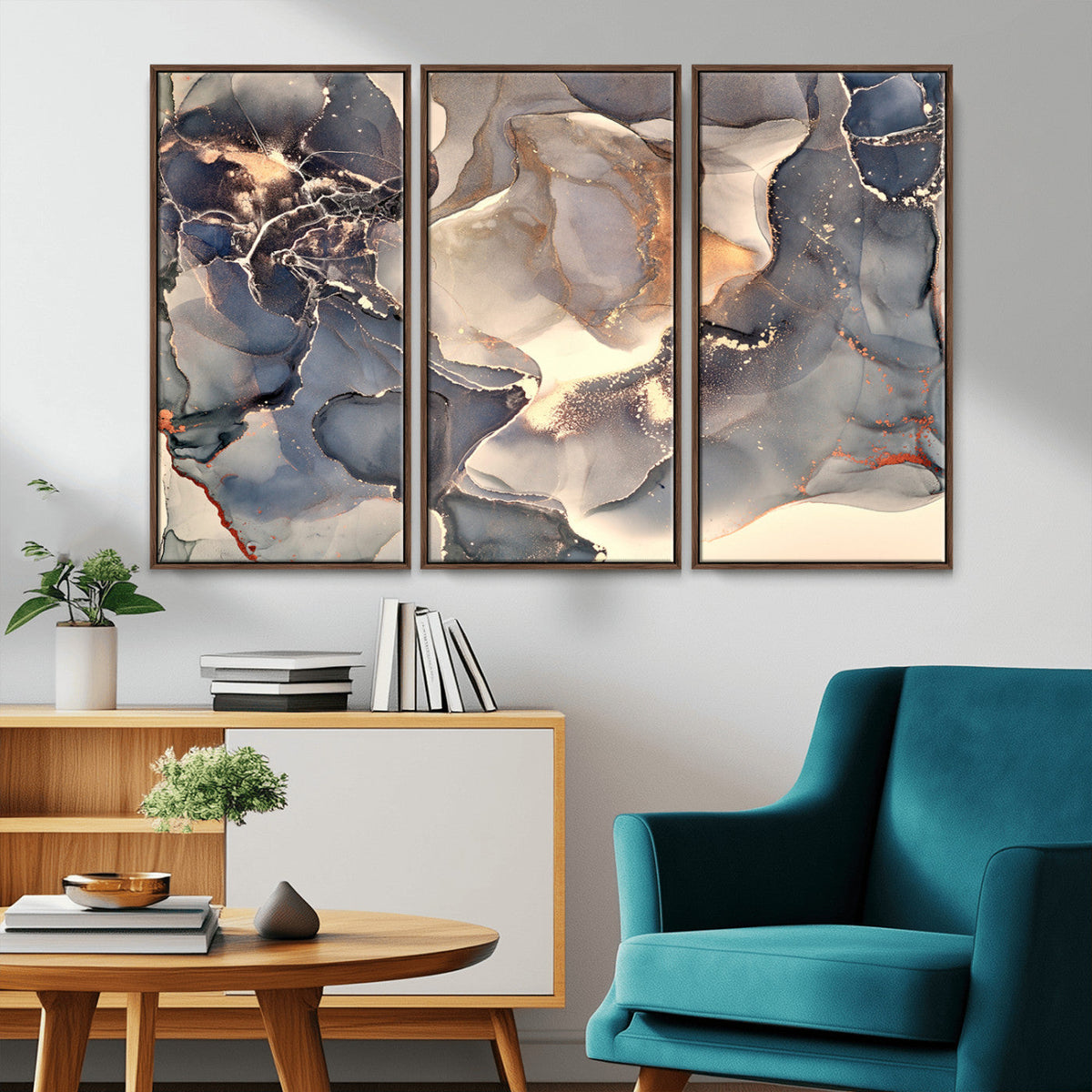 Abstract Blue and Gold Wall Art - Fluid Ink Artwork - Modern