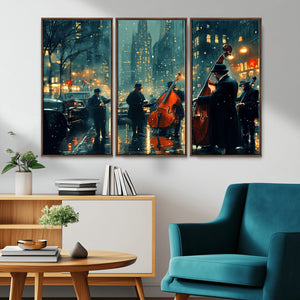 Urban Night Jazz Wall Art Canvas Print – Moody Rain-Soaked