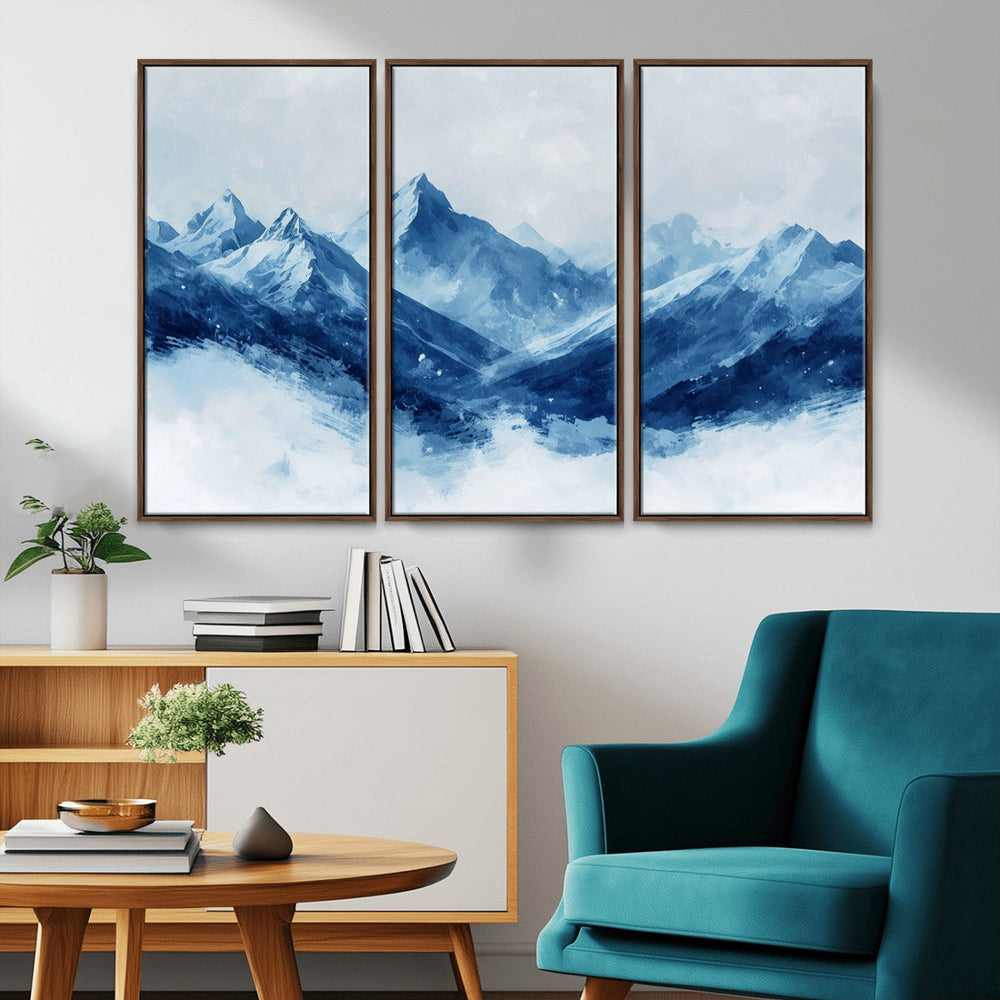 Blue Mountains Wall Art – Framed Snowy Range Canvas Artwork,