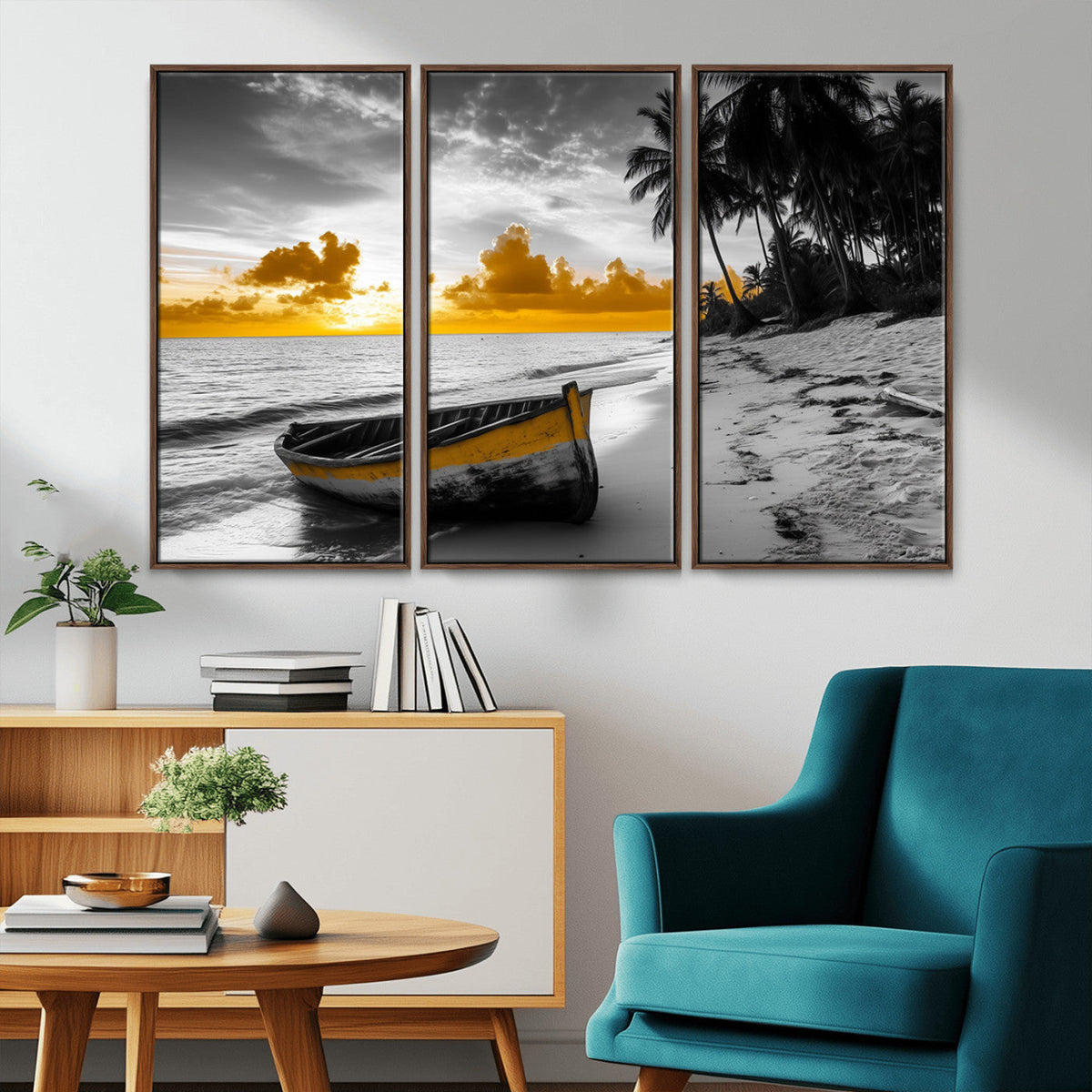 Yellow Rowboat Wall Art – Framed Tropical Shoreline Canvas