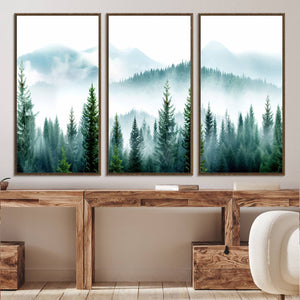 Pine Forest Wall Art Canvas Print – Misty Mountains Foggy