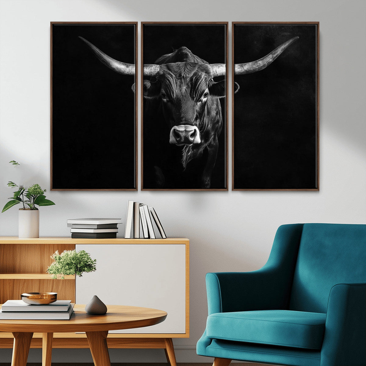 Texas Longhorn Wall Art Canvas Print – Framed Monochrome