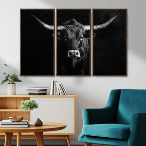 Texas Longhorn Wall Art Canvas Print – Framed Monochrome