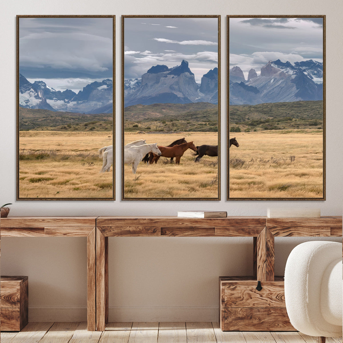 Grand Teton Park Wild Horses Wall Art Canvas Print – Framed